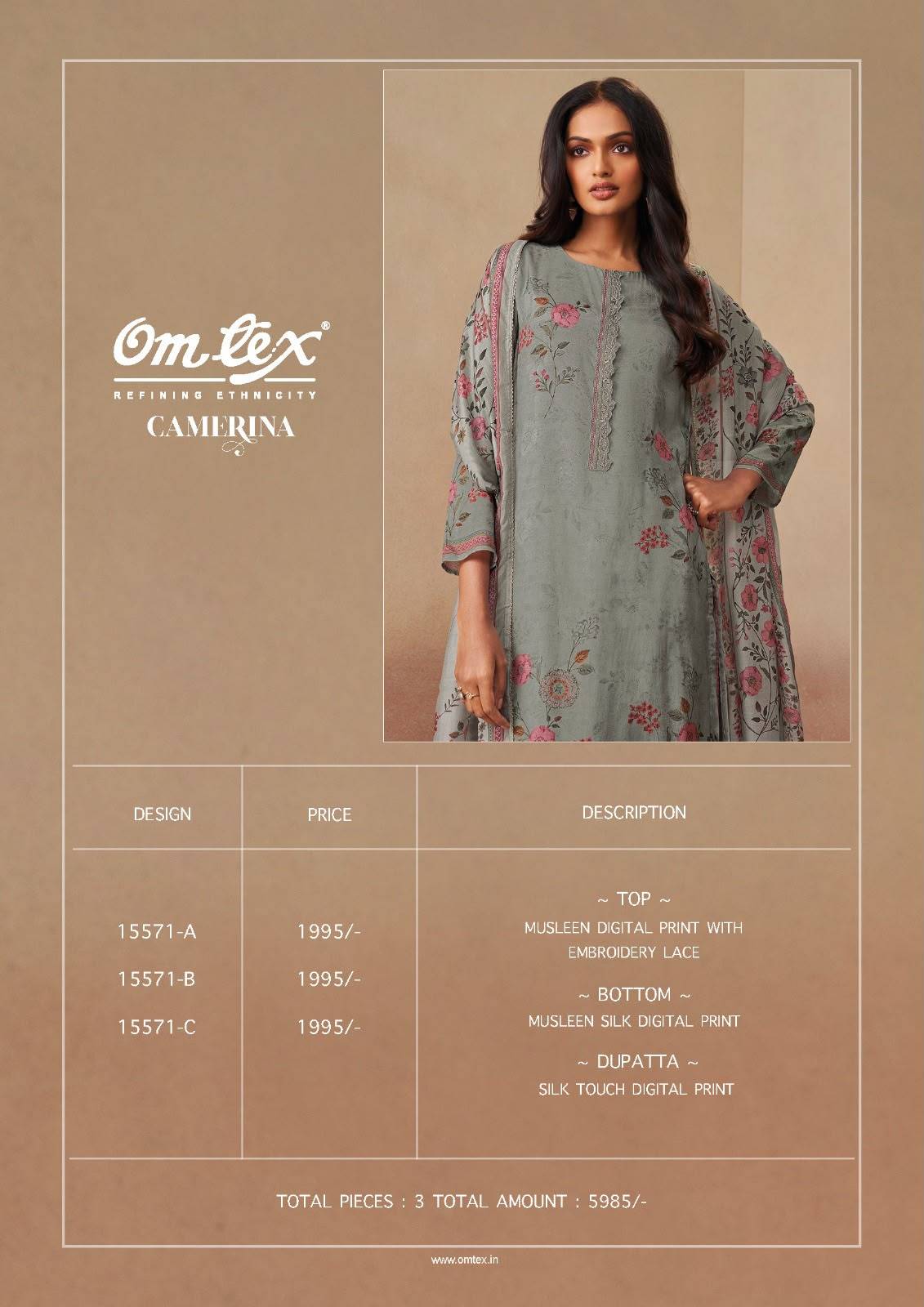 CAMERINA By Om Tex 15571 Series Beautiful Festive Suits Stylish Colorful Fancy Casual Wear & Ethnic Wear Muslin Dresses At Wholesale Price
